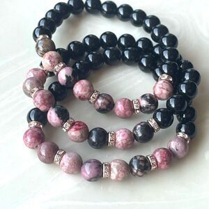 Rose coral jasper rhodonite obsidian ONE stretch bracket NEW handmade rhinestone